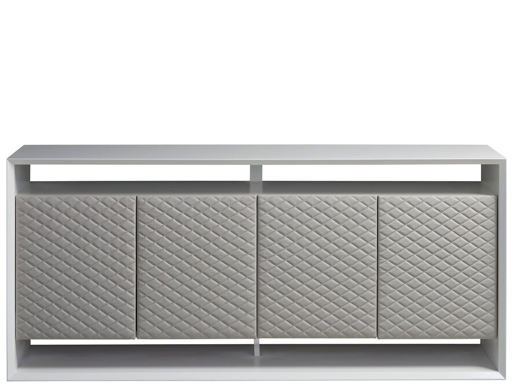 4 Door White Credenza with Patterned Faux Gray Leather