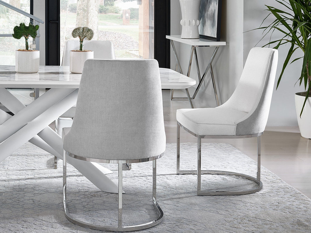 White and Gray Dining Chair with Silver Base