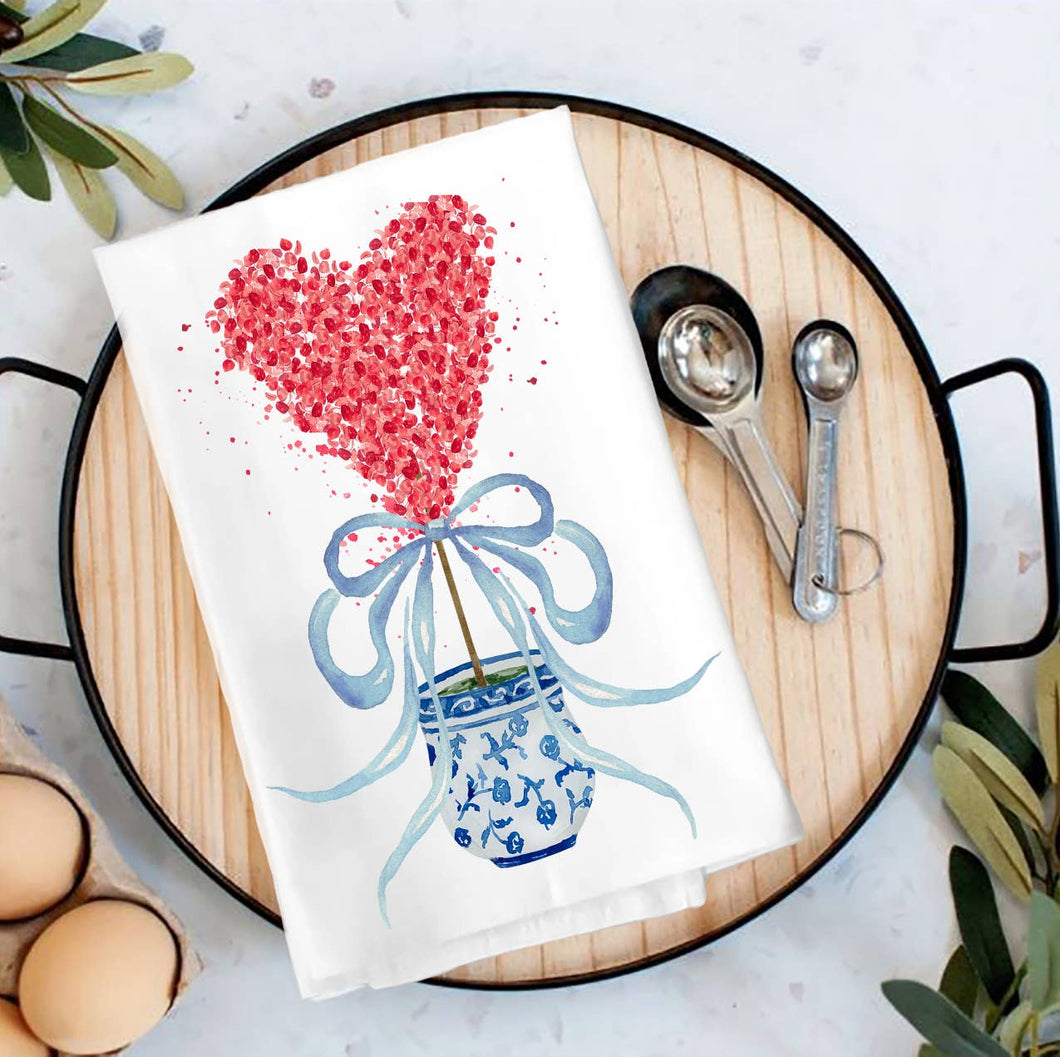 Blue & White Red Heart Topiary Flour Sack Dish Towel