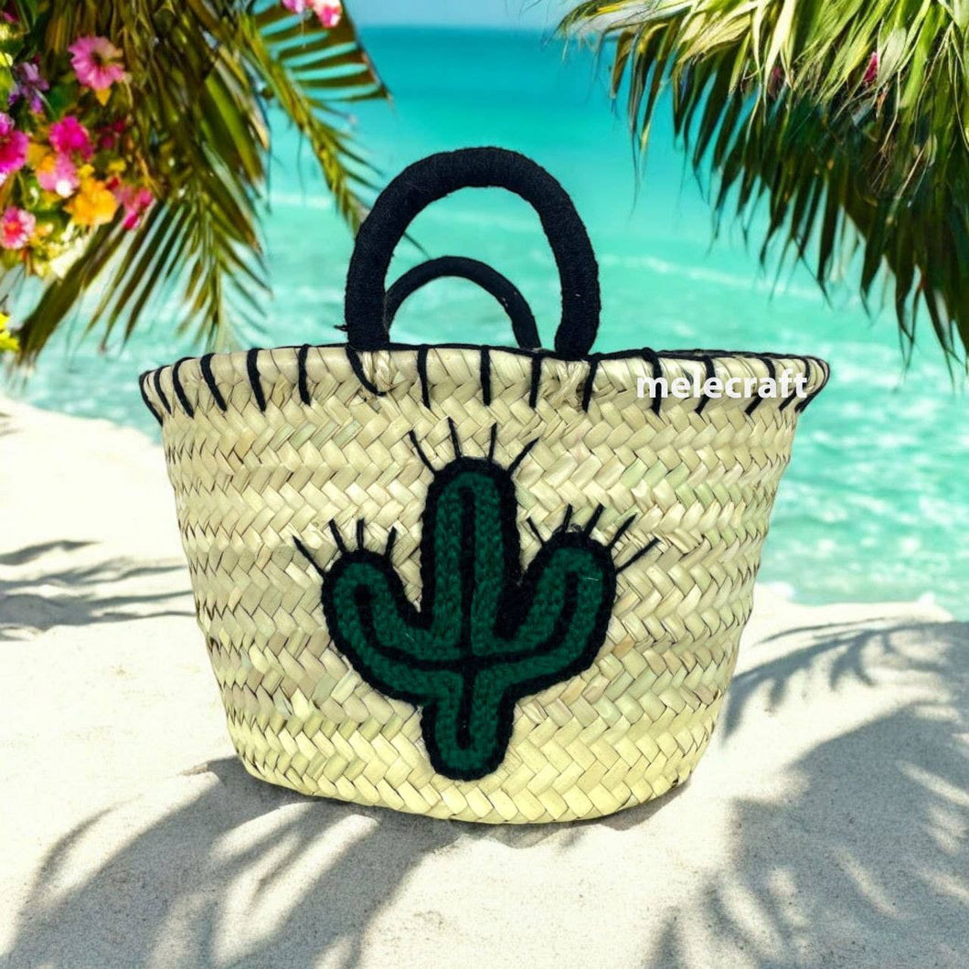 Handcrafted Straw Tote Bag w/ Cactus Embroidery