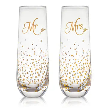 Mr & Mrs Gold Dots Stemless Champagne Flutes