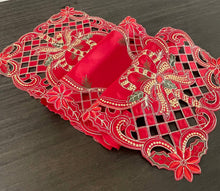 Load image into Gallery viewer, Holly Bow Christmas Design Red Table Runner
