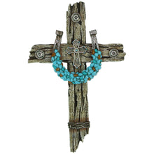 Load image into Gallery viewer, Turquoise Horseshoe on Polyresin Driftwood Cross
