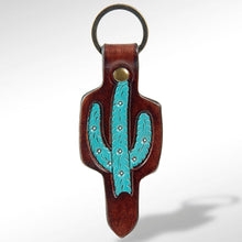 Load image into Gallery viewer, Hand-Tooled Leather Turquoise Saguaro Keyring
