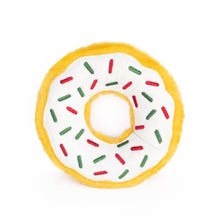 Load image into Gallery viewer, Donut-shaped toy with white icing, red and green sprinkles.
