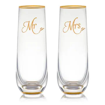 Mr & Mrs Gold Rim Stemless Champagne Flute