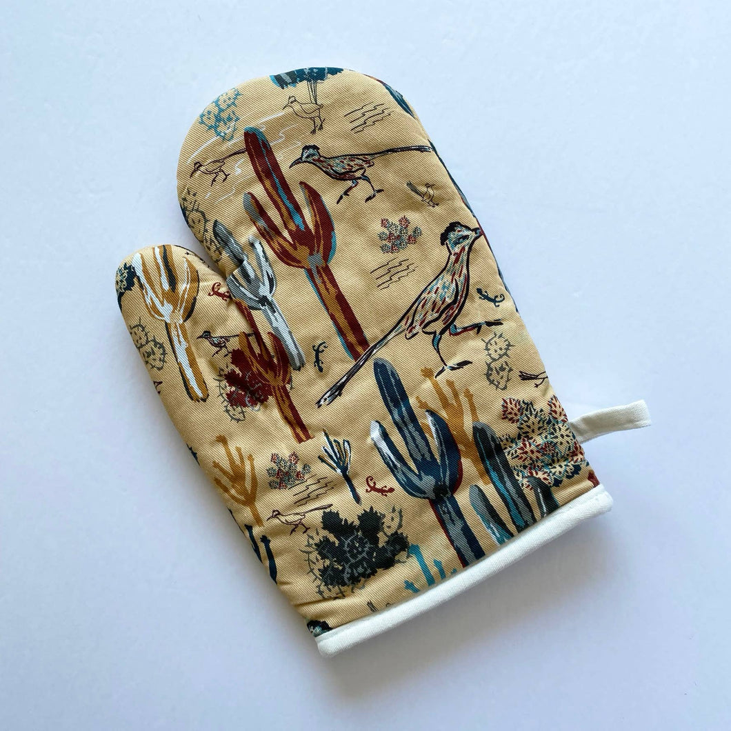 SW Roadrunner & Saguaros Oven Mitt - Gold