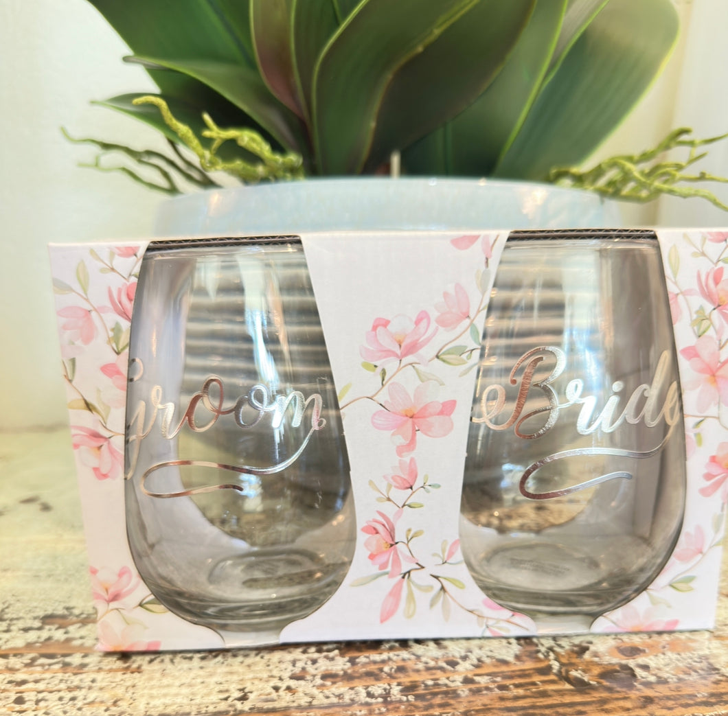 Bride & Groom Stemless Wine Glass Set of Two