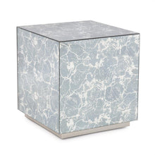 Load image into Gallery viewer, A sleek contemporary cube has been covered in a blueish gray antique mirror to create the Paxton Side Table. With the added touch of a champagne silver base, this table will become a topic of conversation. Also available as a coffee table.

