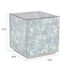 Load image into Gallery viewer, A sleek contemporary cube has been covered in a blueish gray antique mirror to create the Paxton Side Table. With the added touch of a champagne silver base, this table will become a topic of conversation. Also available as a coffee table.

