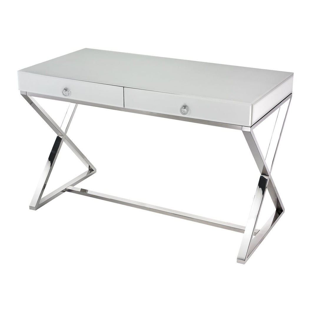 Modern White Lacquer Desk with Chrome Legs