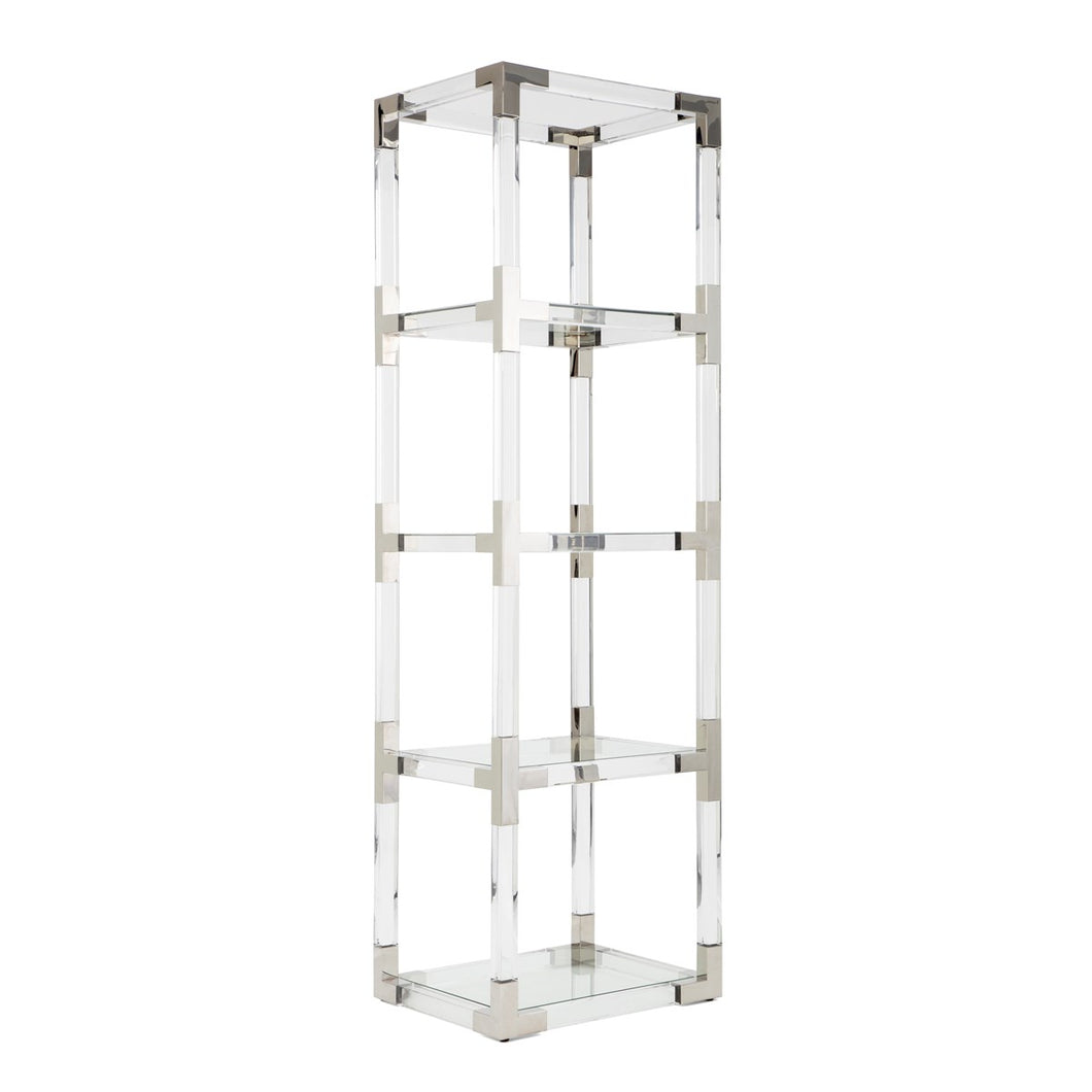 Sleek, modern and glamourous, the Waldrow etagere shelf is perfect for displaying decor, books, photos and more in high style. Crafted in acrylic and stainless steel, it features five glass shelves and corner brackets in a metallic silver finish. Exclusively by Nakasa, it instantly elevates the style of any setting (6238953832646)