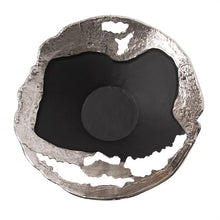 Load image into Gallery viewer, This contemporary flared bowl is a play on abstract, deconstructed design. Fashioned from aluminum, it has a raw, hand formed look that create a dramatic statement for your style. The raw silver finish is accented with cut outs and matte black sections that make the entire piece the perfect finishing touch for your decor. Pair with the coordinating pieces in the collection for a complete look.
