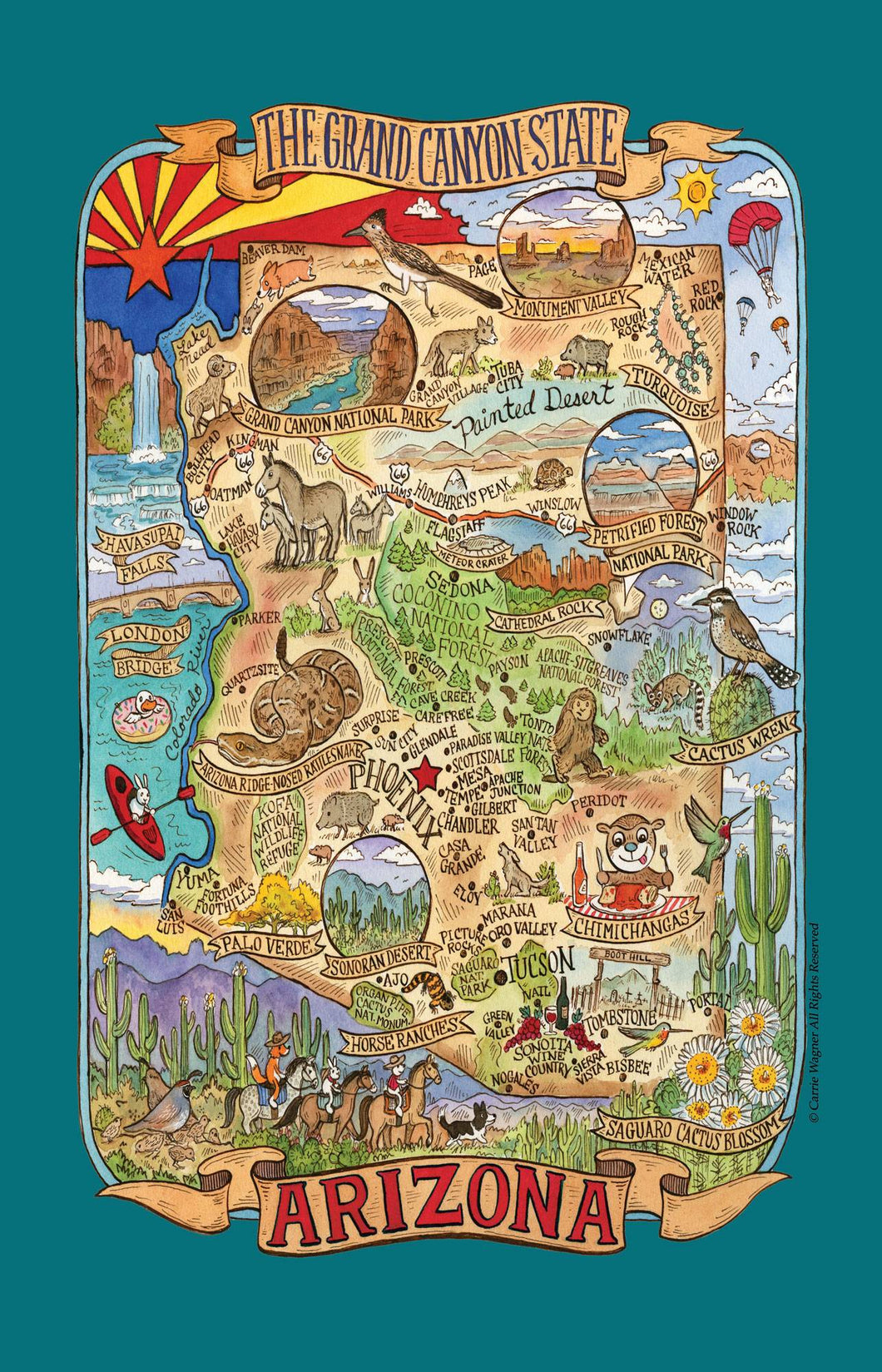 Adorable artwork by artist Carrie Wagner depicts the most exciting destinations in the city or state! Use as a kitchen towel or display as a souvenir! 18 in x 28 in, 100% cotton. (6236527067334)