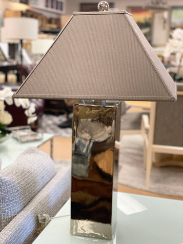 Tall mirrored lamp gray shade