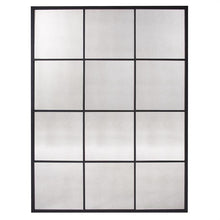 Load image into Gallery viewer, Our Racine Mirror features a grid like black metal frame that creates a windowpane effect. The mirror has an antiqued finish contributing to the industrial look of the piece. The Racine Mirror is a perfect accent piece for an entryway, bathroom, bedroom or any room in your home. Key hole slots are manufactured on the back of the mirror so it is ready to hang right out of the box!
