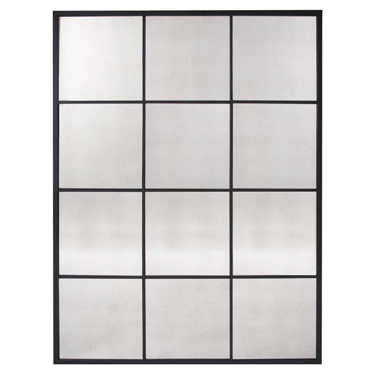 Our Racine Mirror features a grid like black metal frame that creates a windowpane effect. The mirror has an antiqued finish contributing to the industrial look of the piece. The Racine Mirror is a perfect accent piece for an entryway, bathroom, bedroom or any room in your home. Key hole slots are manufactured on the back of the mirror so it is ready to hang right out of the box!