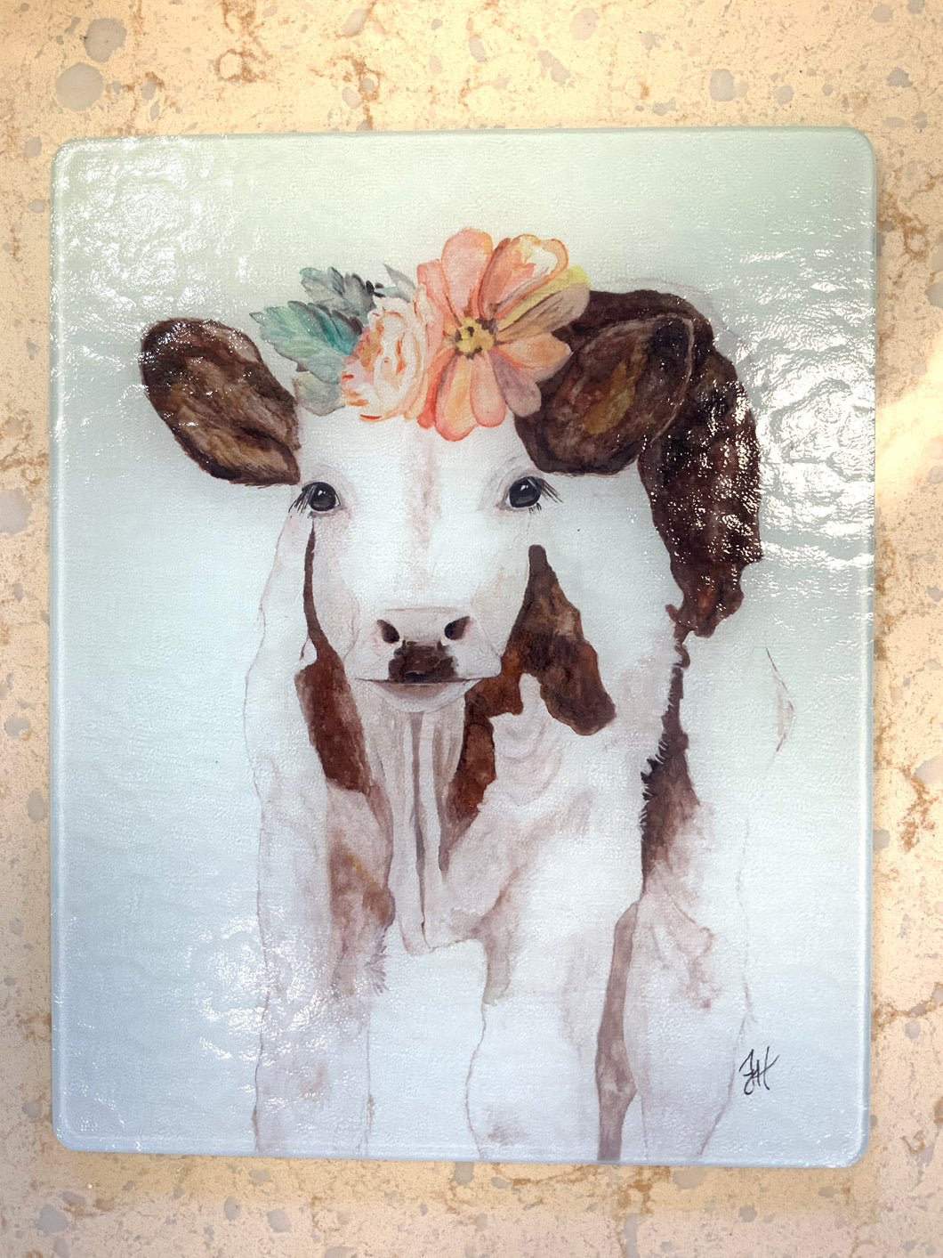 Cow peaches with flowers glass cutting board (6537309847750)