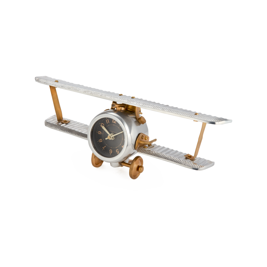 Biplane Polished Aluminum & Brass Table Clock