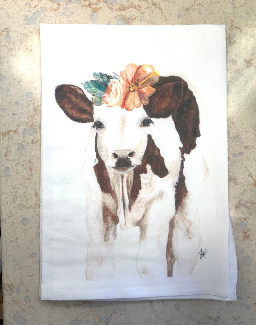Cow with peaches and flowers flour sack towel
