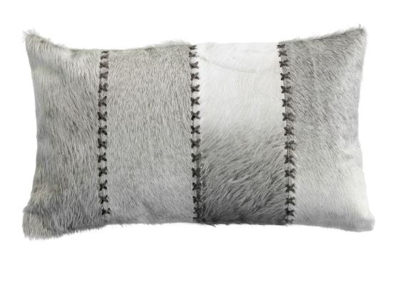 Gray Hair on Hide Throw Pillow with Leather X-Stitch