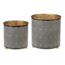 Load image into Gallery viewer, Black &amp; White Woven Geo with Gold Planter
