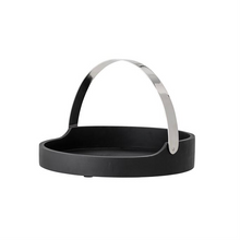Load image into Gallery viewer, Acacia Wood Round Matte Black Tray with Nickel Metal Handle
