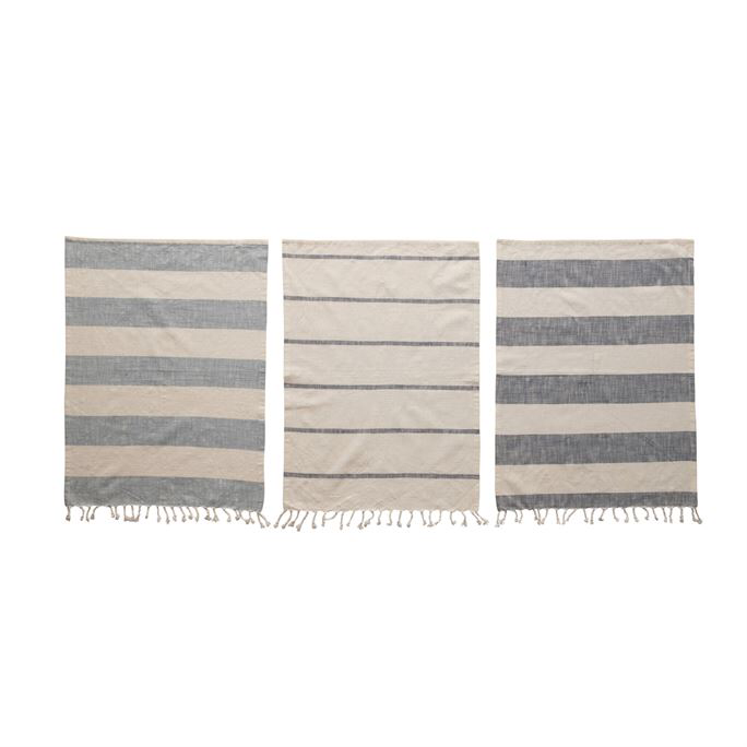 Set of 3 Blue and White Stripes & Tassels Cotton Kitchen Tea Towels