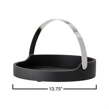 Load image into Gallery viewer, Acacia Wood Round Matte Black Tray with Nickel Metal Handle
